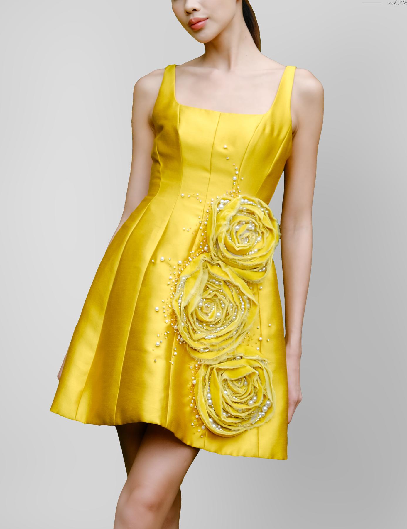 Three Roses Yellow Brocade Midi Dress | Yaly Couture Bespoke -- Unique,  Modern
