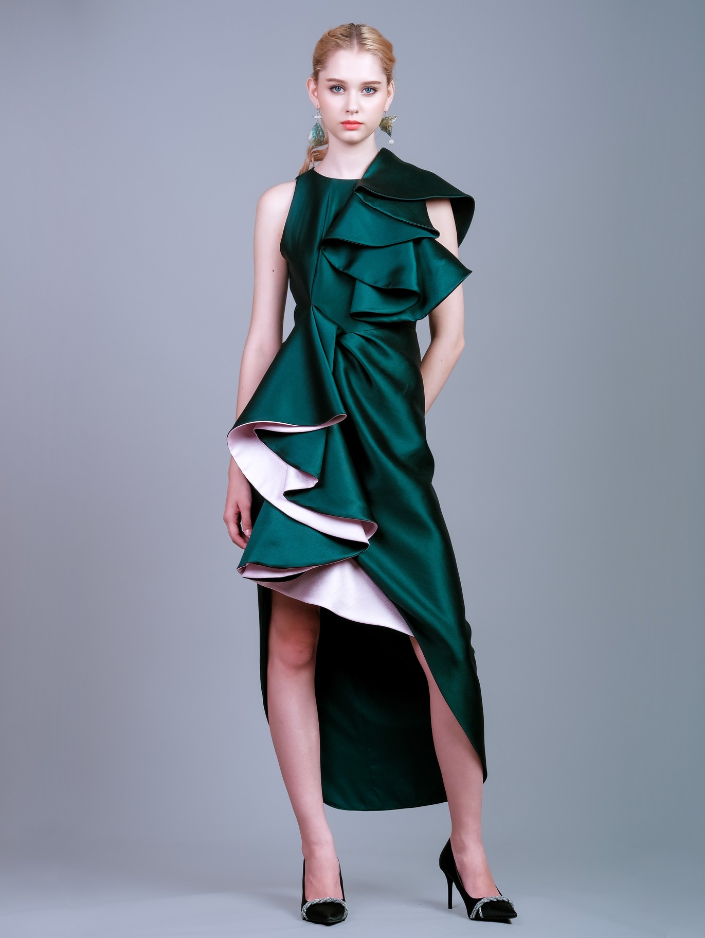 Dark Green Brocade Dress & Pink Ruffles | Yaly Couture Bespoke --  Exclusive, Trendy | Yaly Couture
