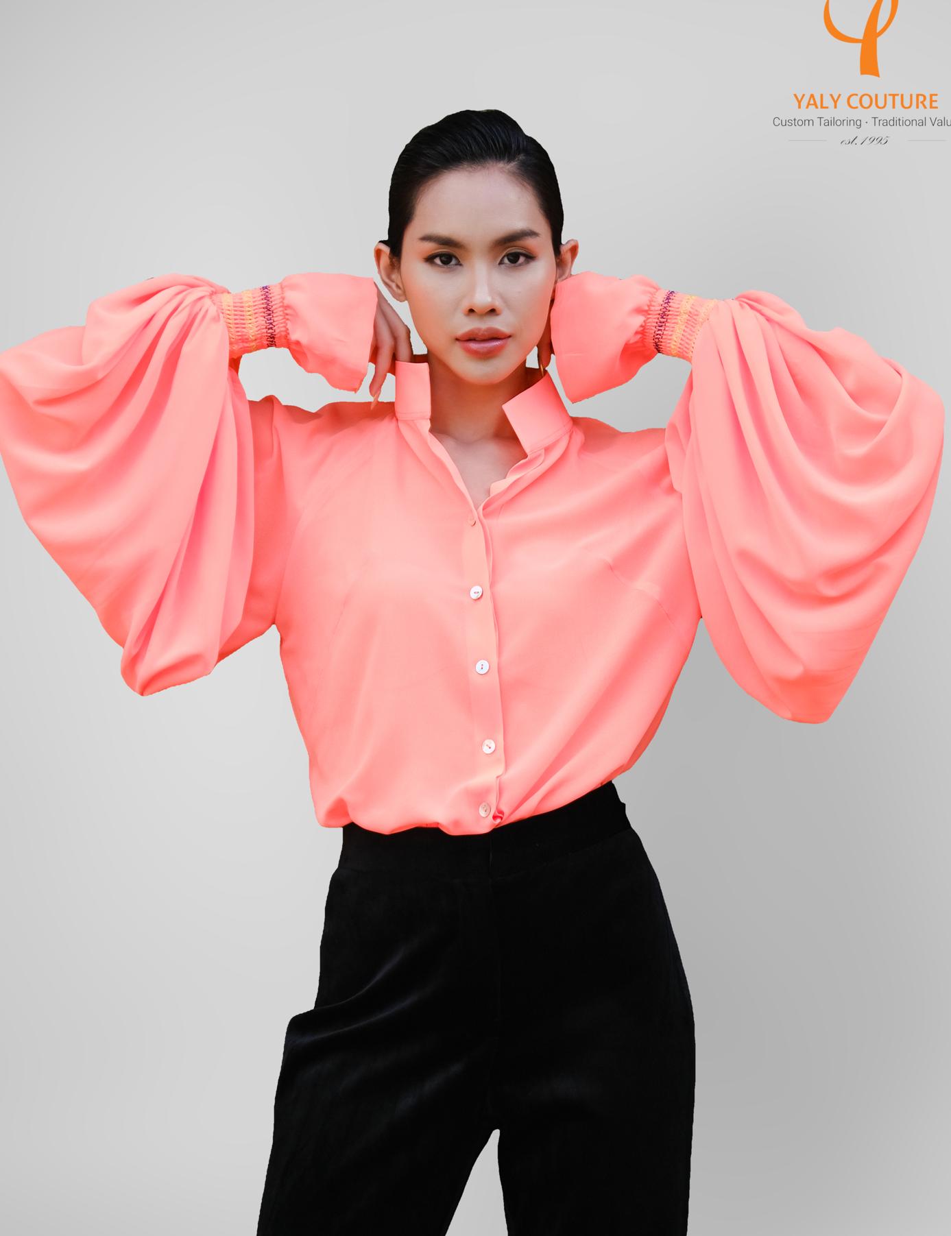 Peachy Puff Sleeve Chiffon Shirt Yaly Couture Bespoke Exclusive Modern Yaly Couture