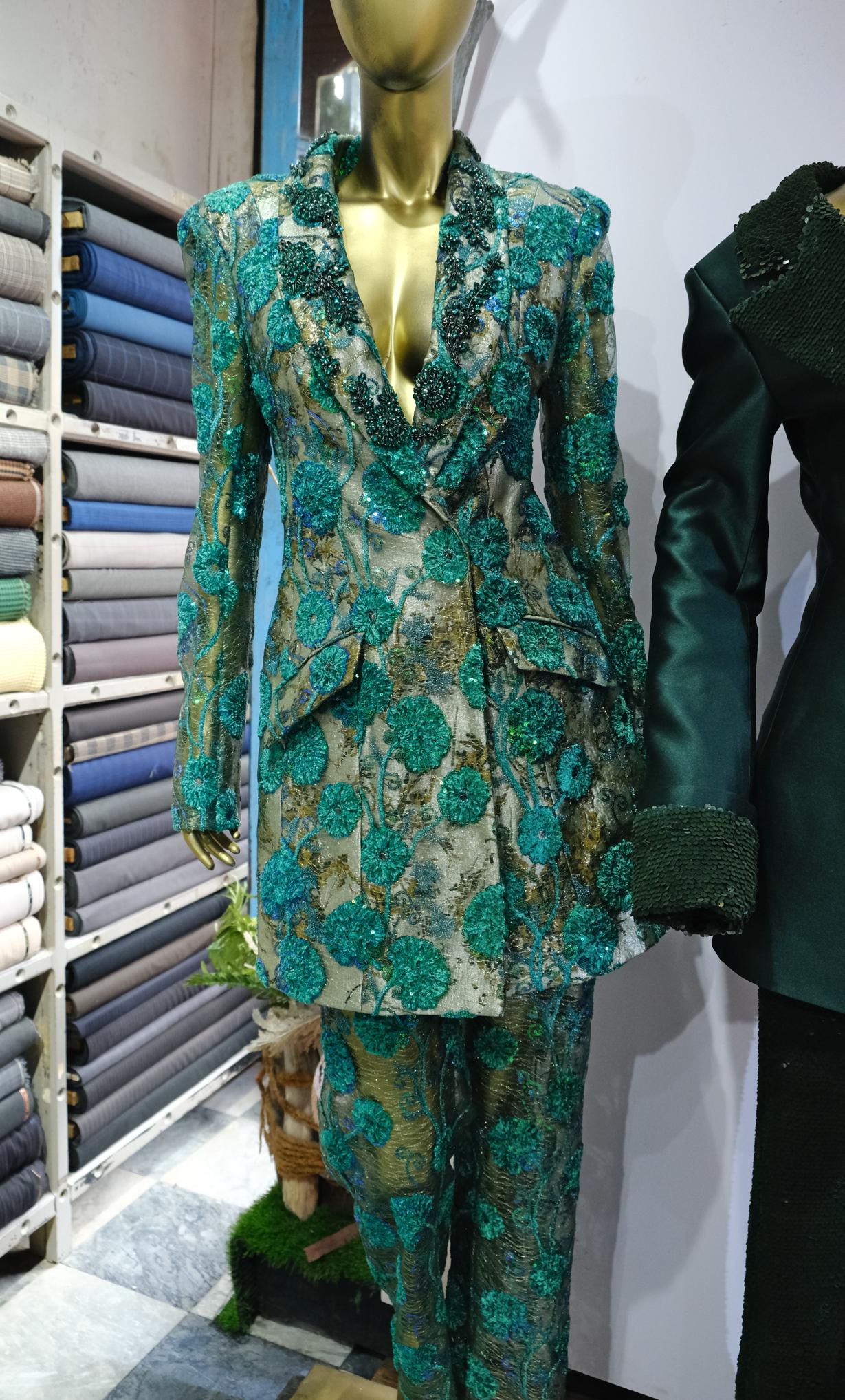 Green Lace Over Brocade Long Jacket | Yaly Couture Bespoke