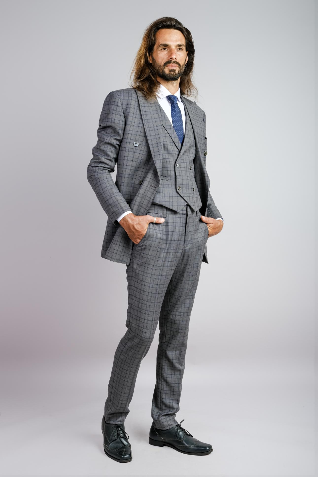 Grey Check Double-Breasted Jacket | Yaly Couture Bespoke 