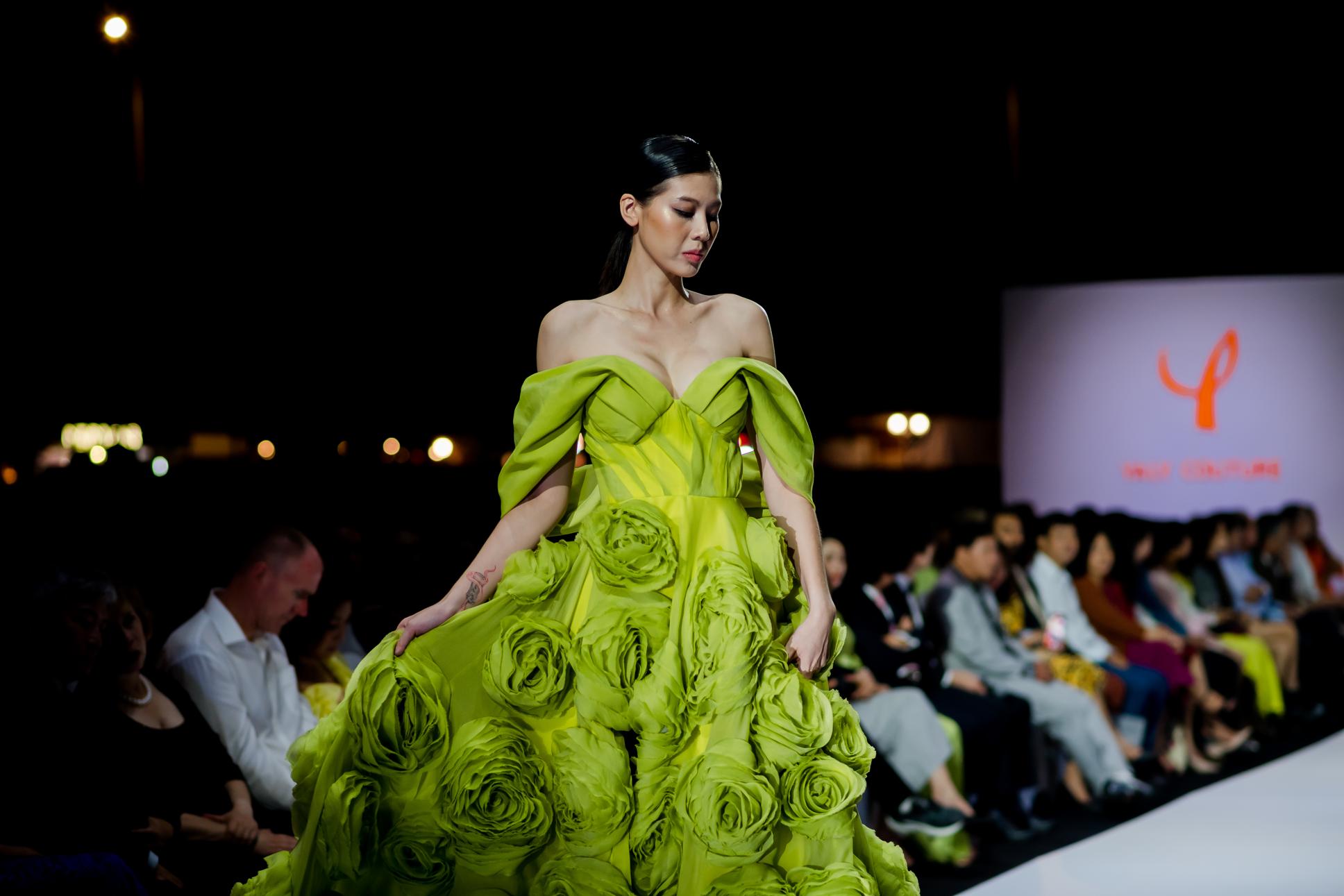 Green Long Dress with Embellished Roses Yaly Couture Bespoke Exclusive Dapper Yaly Couture