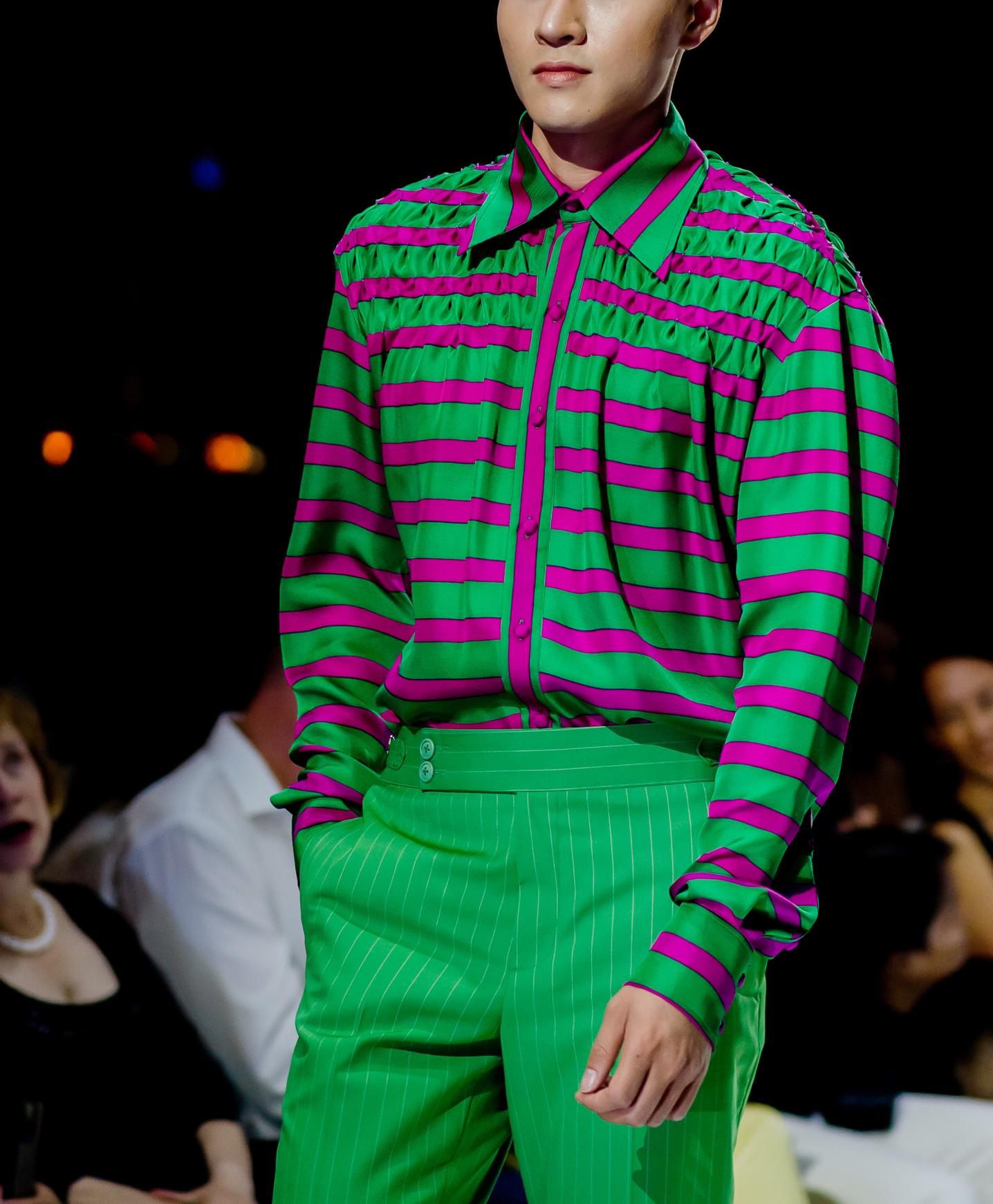 Green & Fushia Silk Graphic Shirt | Yaly Couture Bespoke