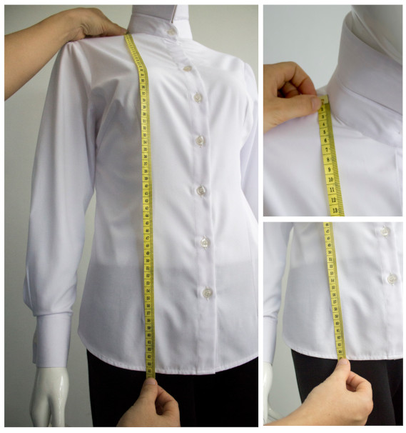 A close-up of a mannequin measuring a shirtDescription automatically generated