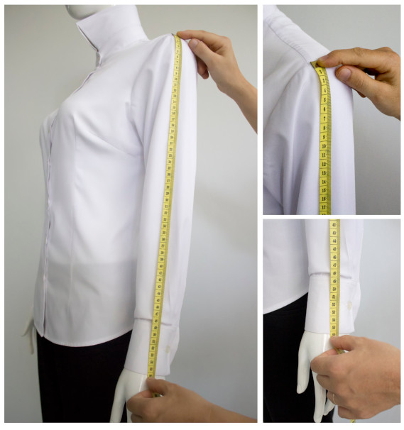 A close-up of a mannequin measuring the length of a sleeveDescription automatically generated