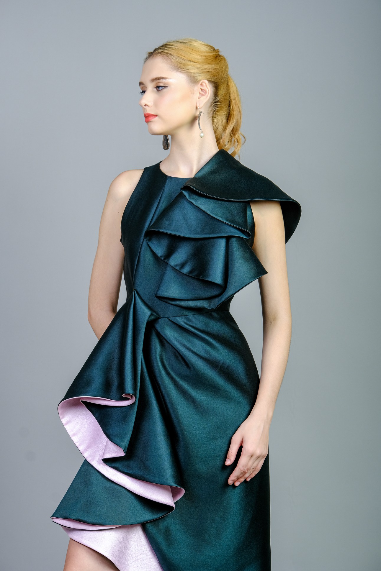 Dark Green Brocade Dress & Pink Ruffles | Yaly Couture Bespoke --  Exclusive, Trendy | Yaly Couture