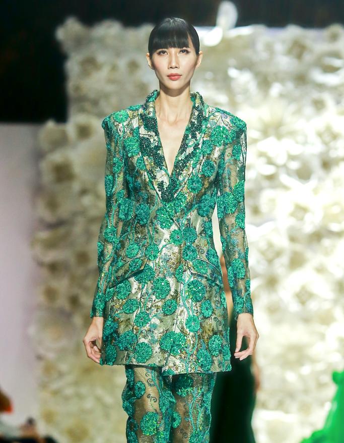 Green Lace Over Brocade Long Jacket | Yaly Couture Bespoke